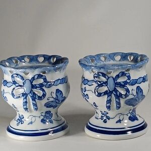 Set of Candleholders Porcelain Asian Inspired Blue on White with Butterflies